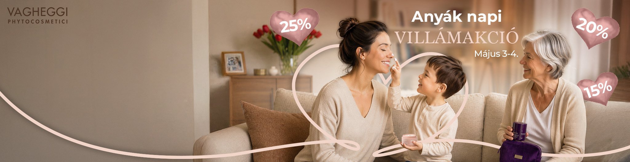 Sötét lila háttéren Pokorny Lia látható az új efficacy booster, intenzív arcápoló kit és aranyszínű csomagolásban található arcápoló Vagheggi 75.25 olajjal.